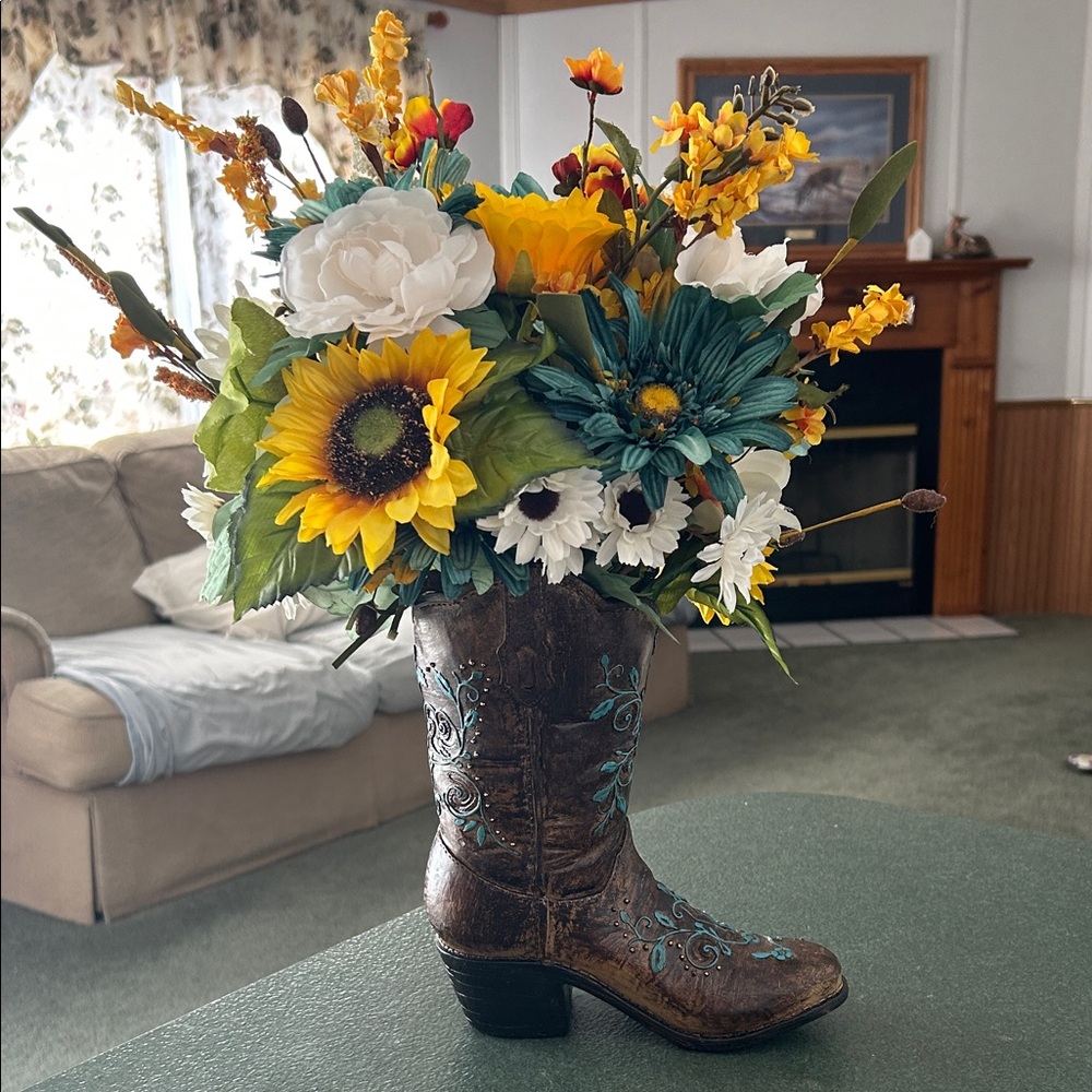 Rustic Cowboy Boot Floral Arrangement - Brown & Yellow